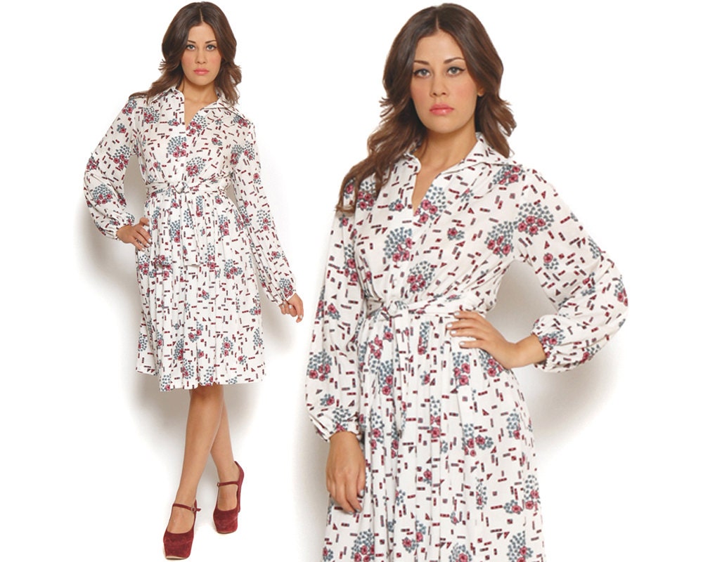 70s Secretary Dress White Geometric Floral Shirt Dress Button Up Puff Sleeves Midi Day Dress / Hippie Retro / Size L Large