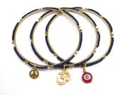 Beaded Bangle Set with Om, Evil Eye,and Peace Sign Charms, yoga jewelry, yoga bracelet, boho chic jewelry