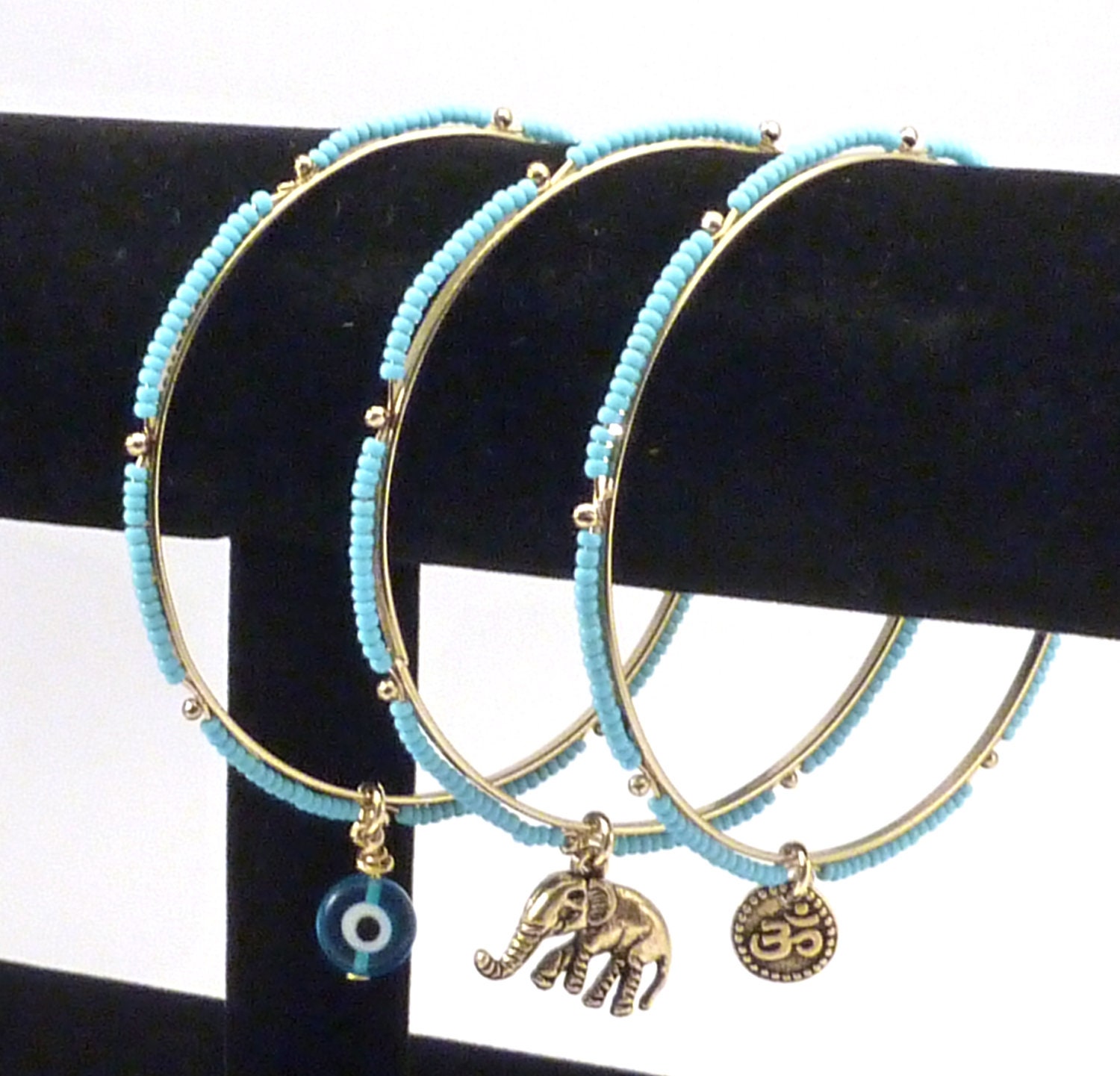 Beaded Bangle Set with Om, Evil Eye,and Elephant Charms, yoga jewelry, boho chic jewelry