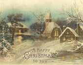 Snow Covered Village Warm Glow of Lights Vintage Christmas Postcard Dodge Center Minnesota Cancel