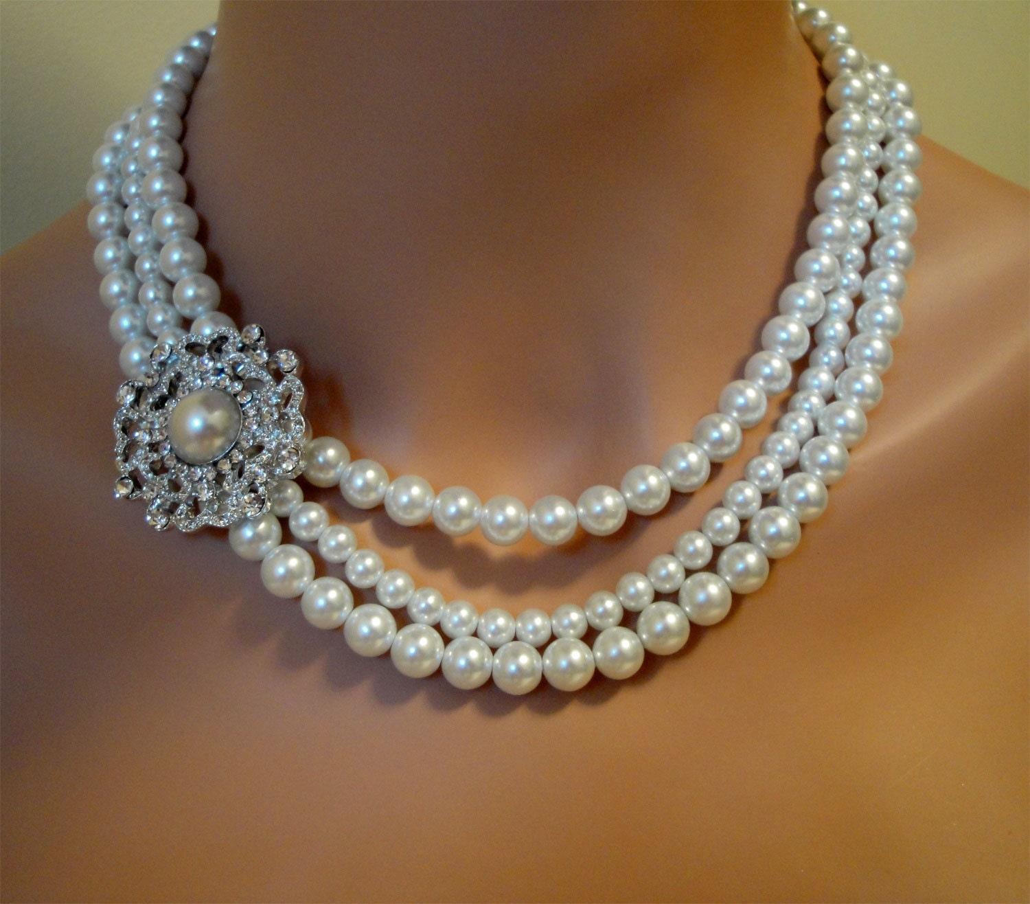 Bridesmaid Necklace Set wedding bridal jewelry set gift in 3 strands of white glass pearls rhinestone embellishment brooch adjustable size