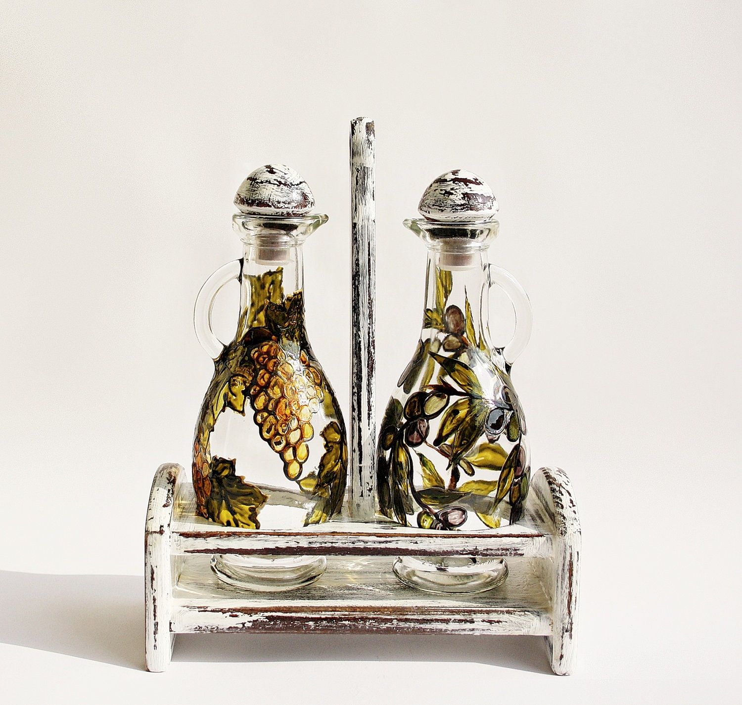 Vinegar and Oil Bottle set Hand painted - 2 glass bottles with wooden hand painted shabby chic white stand