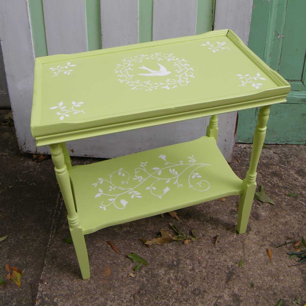 Vintage Furniture Side Table in Soft Green with Bird and Vine Motif