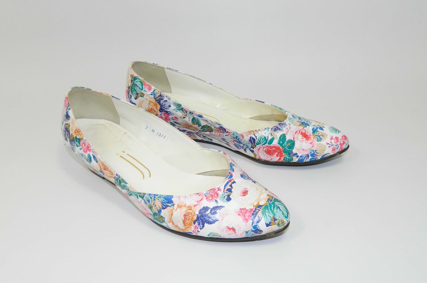 Floral Shoes 90s Wedge Heel White Size 7