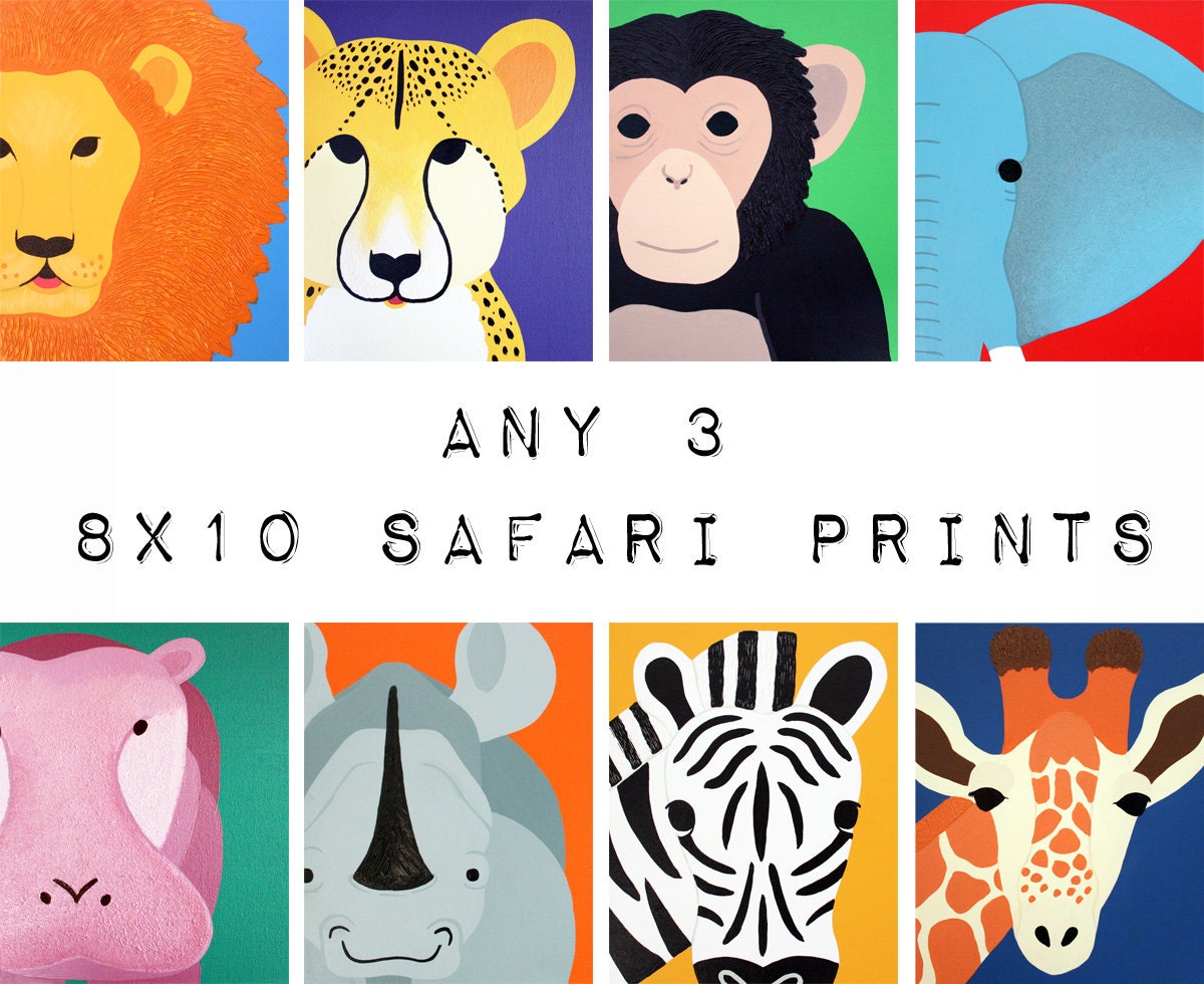 Jungle nursery art safari artwork prints for baby & child. Any 3 modern prints of wild zoo animals theme for kids rooms and playrooms