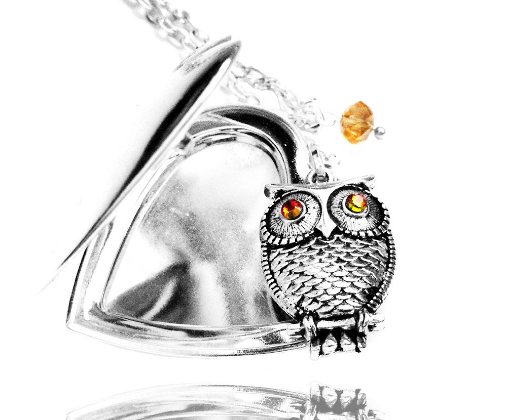 Swarovski Volcano Crystal Silver Owl Charm Heart Picture Locket Necklace (Get 12% OFF with COUPON CODE)