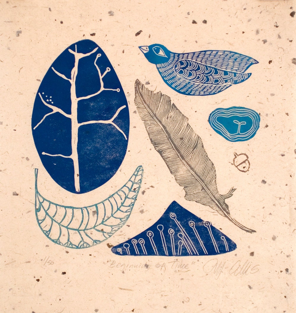 linocut print, in blue and greens on oatmeal handmade paper, Beginning of Time
