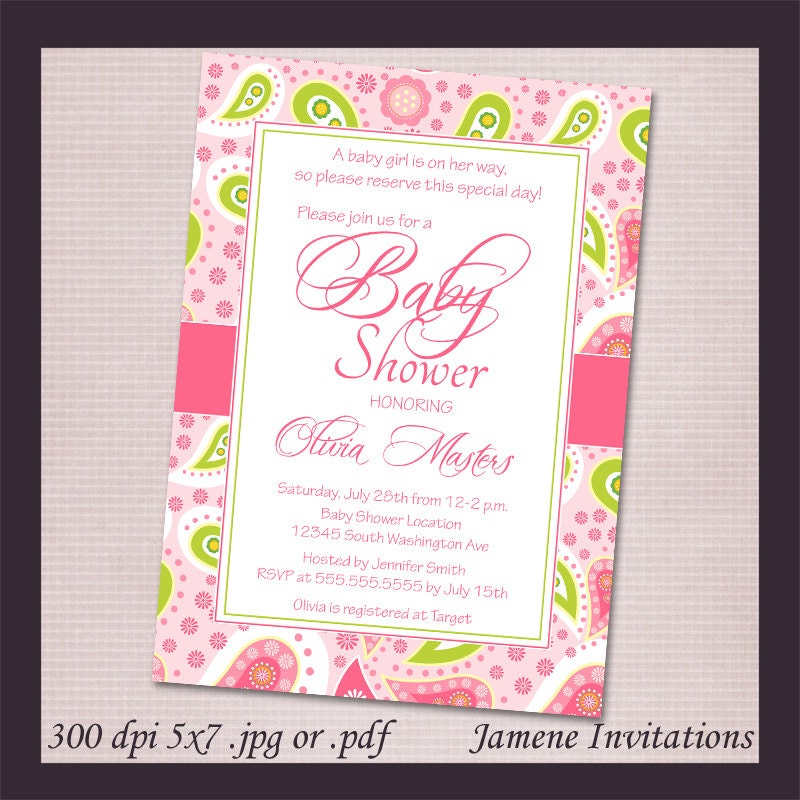Girls Pink and Green Paisley Baby Shower Digital Download Invitation - Print your own Il_170x135