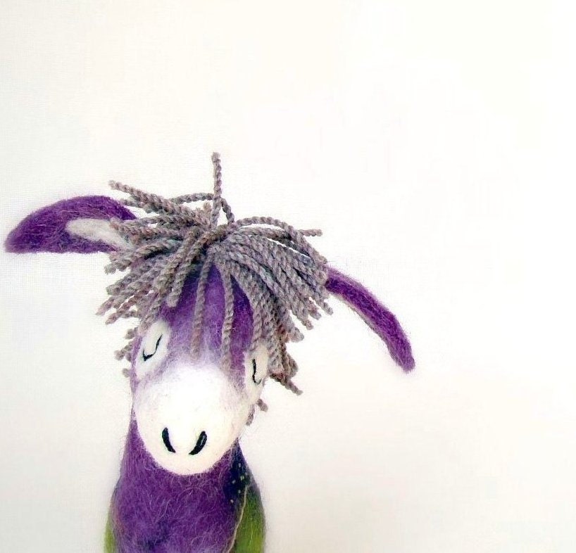 Karolina - Felt Donkey with floppy ears, Art Marionette Handmade Puppet Felted Stuffed Toy. purple lavender lilac dream. MADE TO ORDER