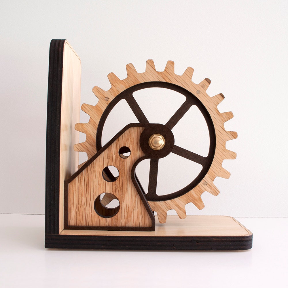 Gear Bookend: Wood Gear Office Organizer Personalized