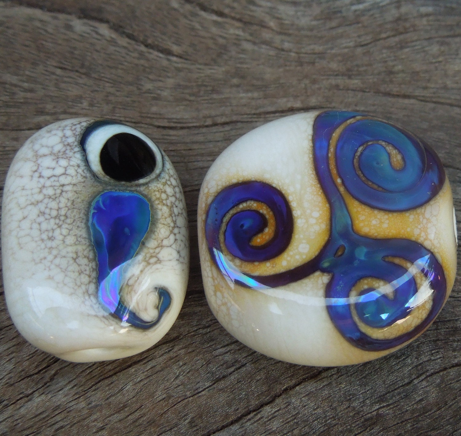 Destash...Handmade lampwork glass beads 2 Focal beads Ancient Goddess Symbols Silver glass. SRA Made in Australia