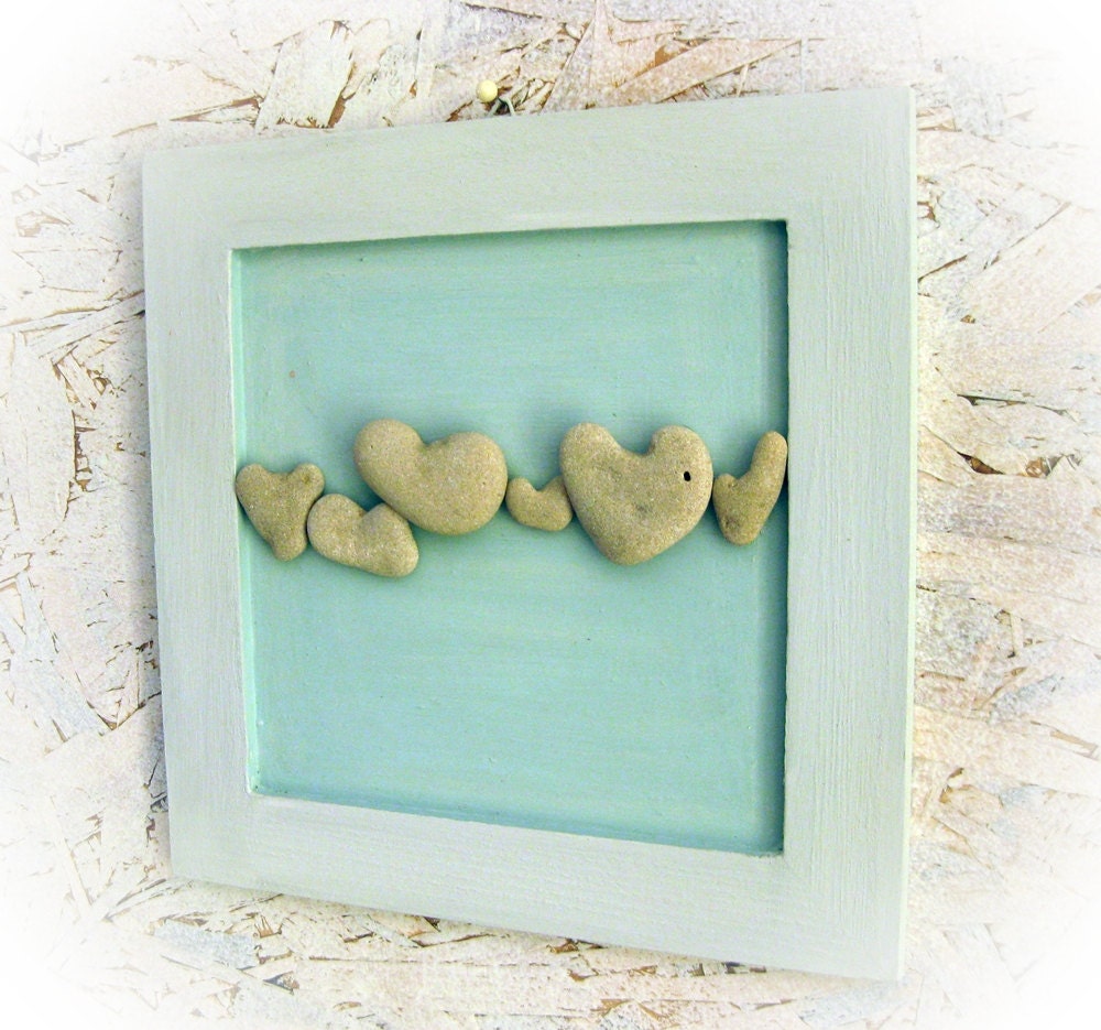 Unique OOAK Wedding gift - Wooden Board Ready to Hang - genuine Heart shaped stones rocks