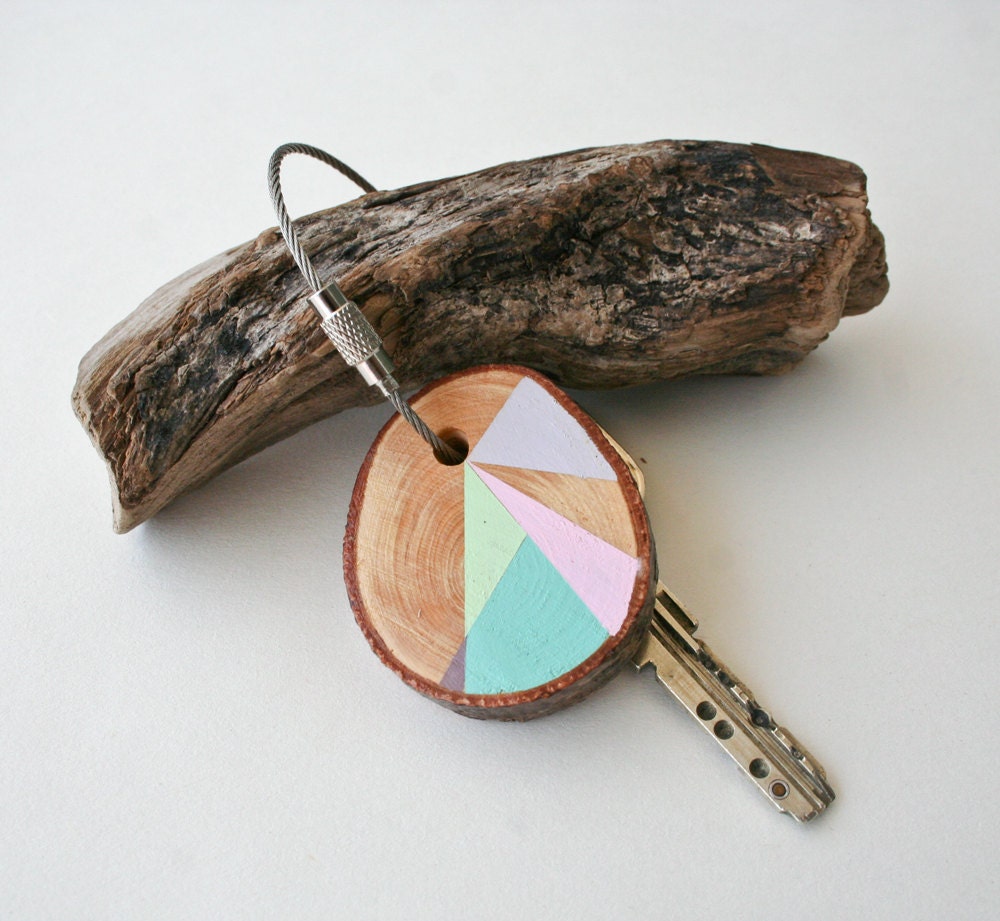 Pine  wood keychain with stainless steel cable wire, tones of  pink, mint, grey and light blue geometric triangle shapes - naneHandmade