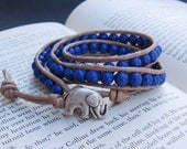 Leather Wrap Bracelet (3x) - Blue Lapis Lazuli & Natural Leather, Lucky Elephant Closure - by We Are 1