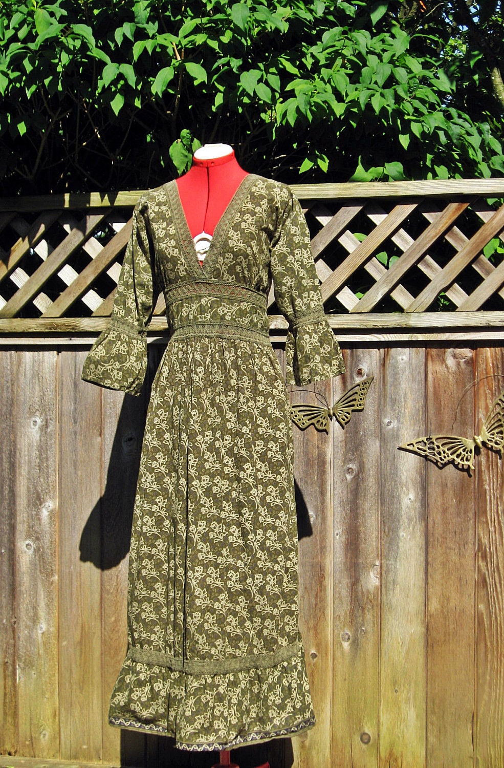 Vintage Bell Sleeve BATIK Maxi Hippie Festival Dress L