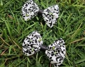 Hair Bow Set: Green, Black and White Hand Sewn Fabric Flower Scroll Bows