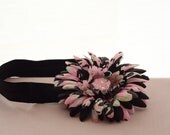 Vintage Shabby Chic PINK tan WHITE flower with BLACK elastic headband