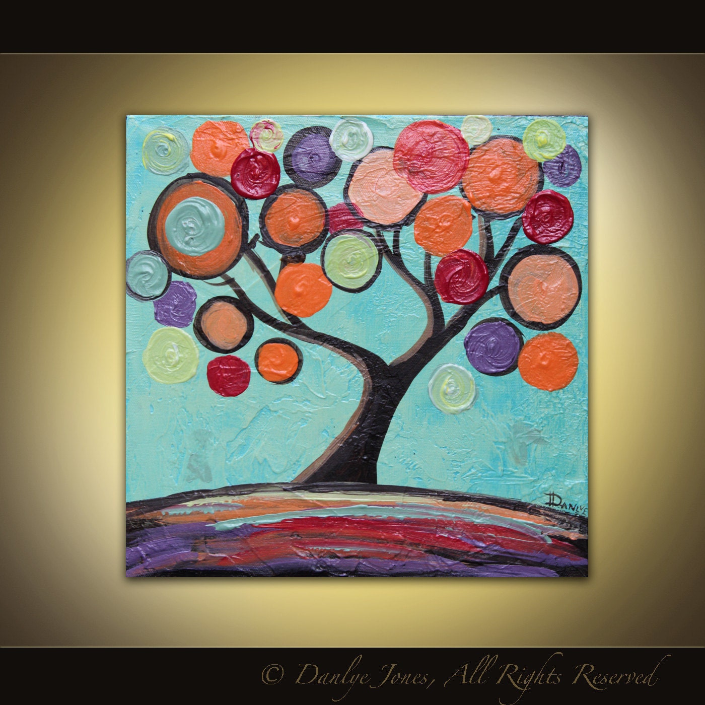 Original Tree Painting orange turquoise purple swirl Gift Size