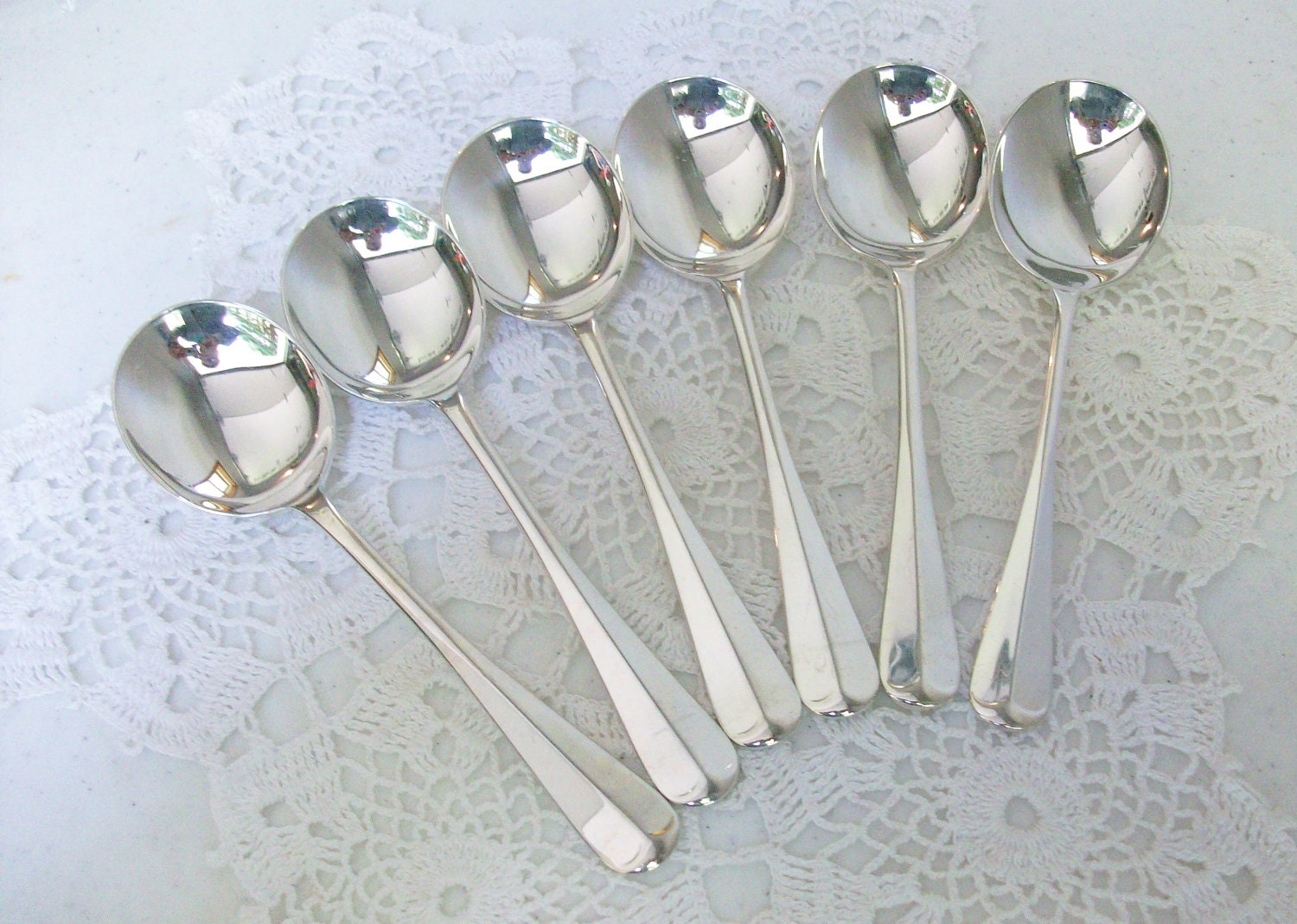 6 Silver Sheffield Soup Spoons Wing Tip