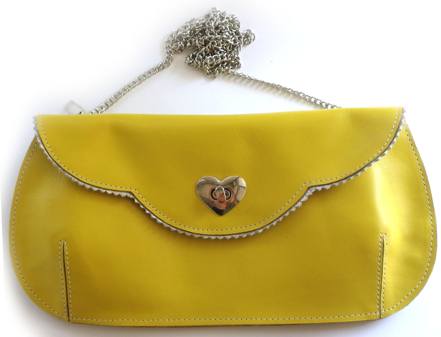 Winter Sale - Gorgeous large yellow leather clutch with heart twist lock