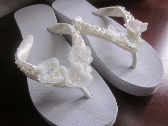Wedding Shoes Flip FlopWedges for the Bride.Organza Ivory Flowers ...