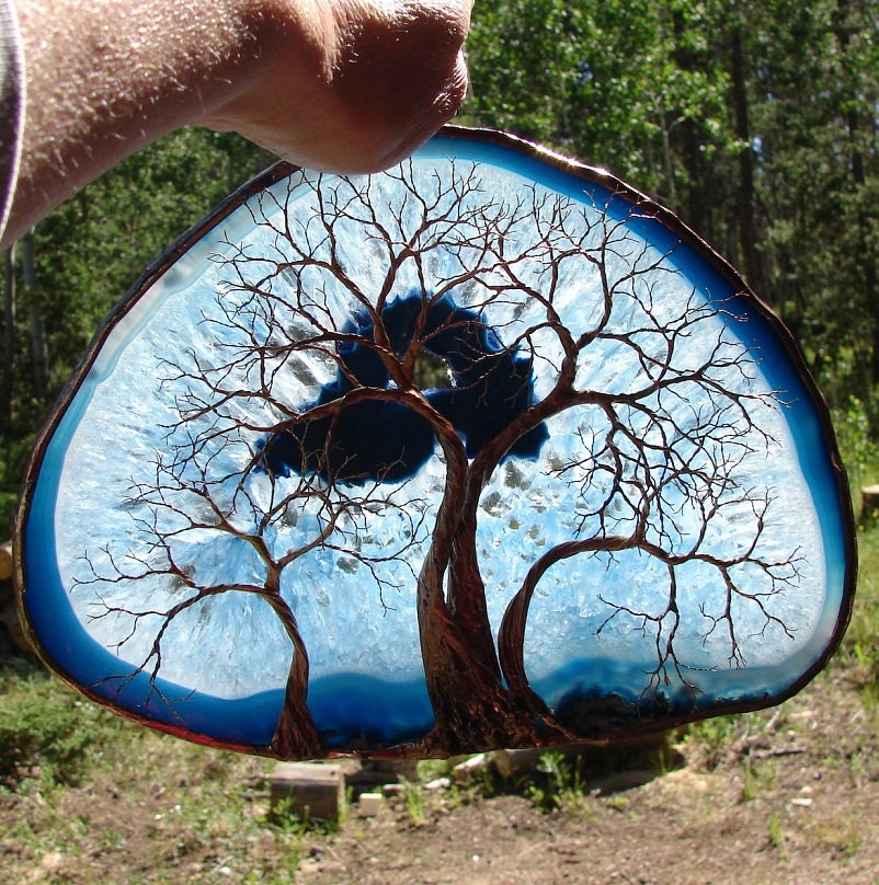 Wire Tree Of Life Forest Spirits sculpture on LARGE Blue White Geode Quartz Crystal Agate slice, original Art 8 LGA