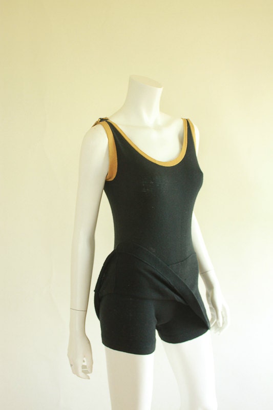 Vintage1920s Swim Wear / Black and Gold Cotton / Womens / Boardwalk Empire / S