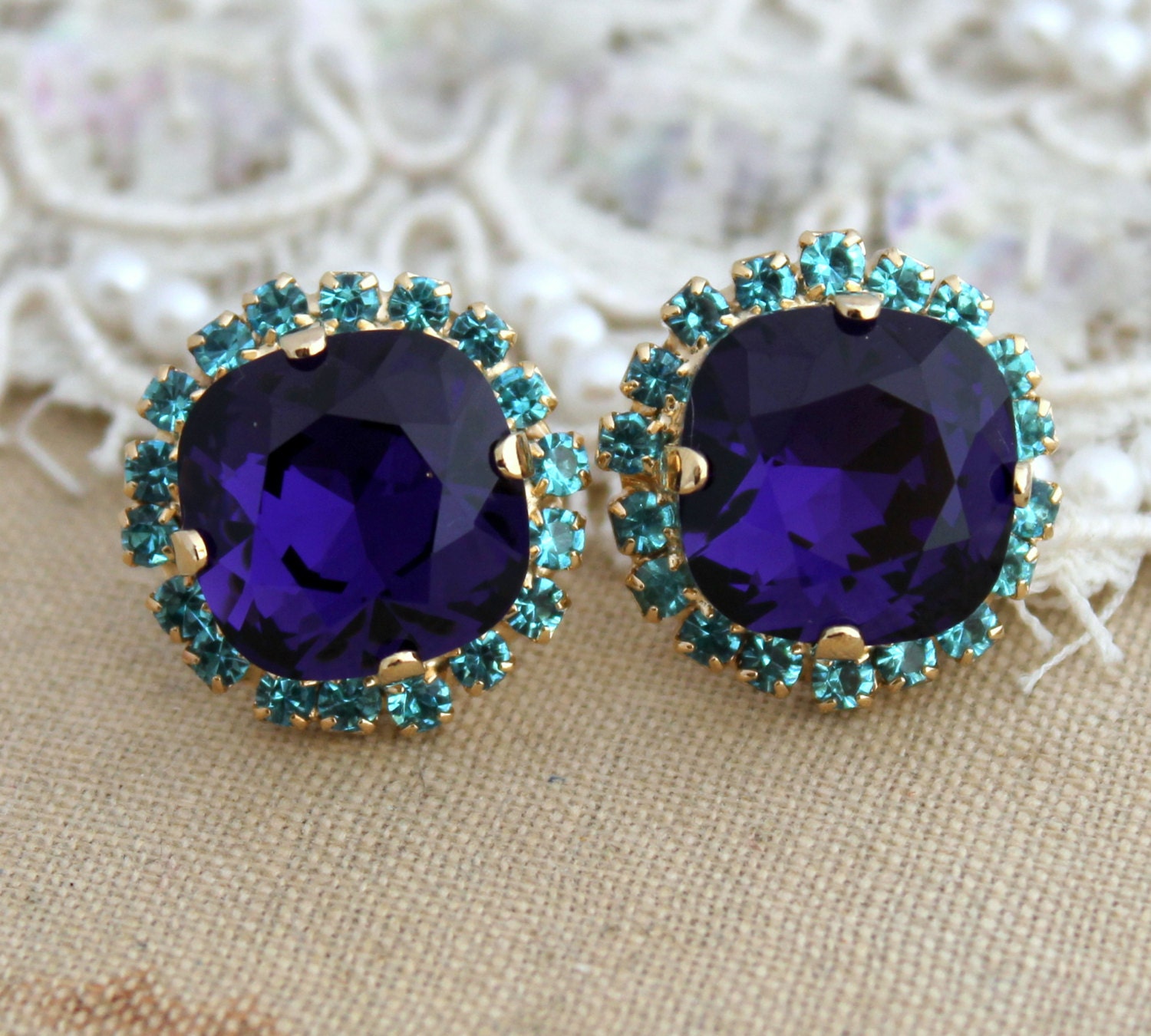 Blue and Purple Rhinestone Stud earrings -14kk plated gold post earrings real swarovski rhinestones.