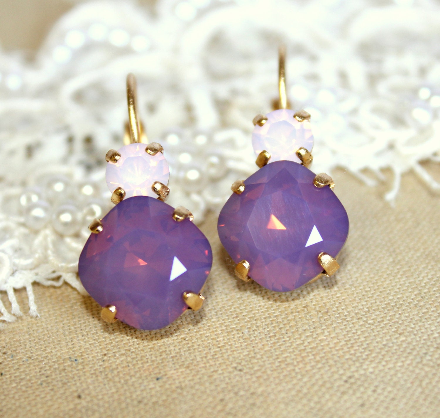 Purple and pink crystal earring -  classic earrings 14k plated gold real swarovski rhinestones .