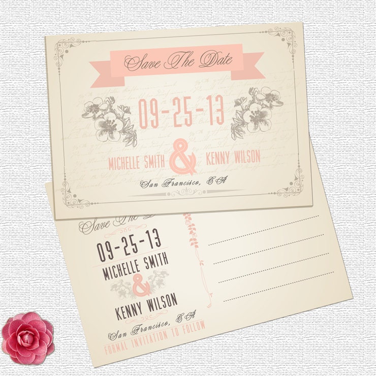Vintage save the date wedding postcard