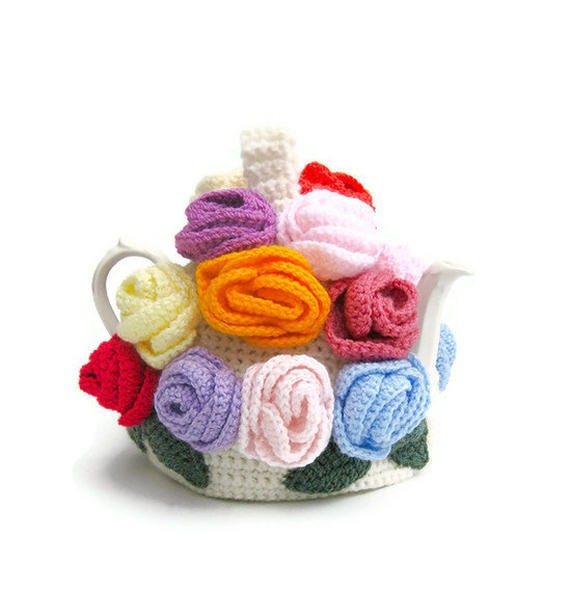Crochet teapot cosy rose flowers cottage cozy tea warmer in bright colors