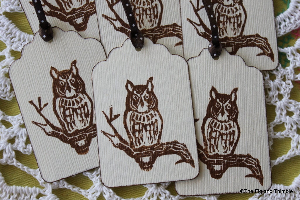 Screech Owl Tags - Hand Stamped in Brown, Set of Six from Original Hand Carved Stamp, polka dot ribbon