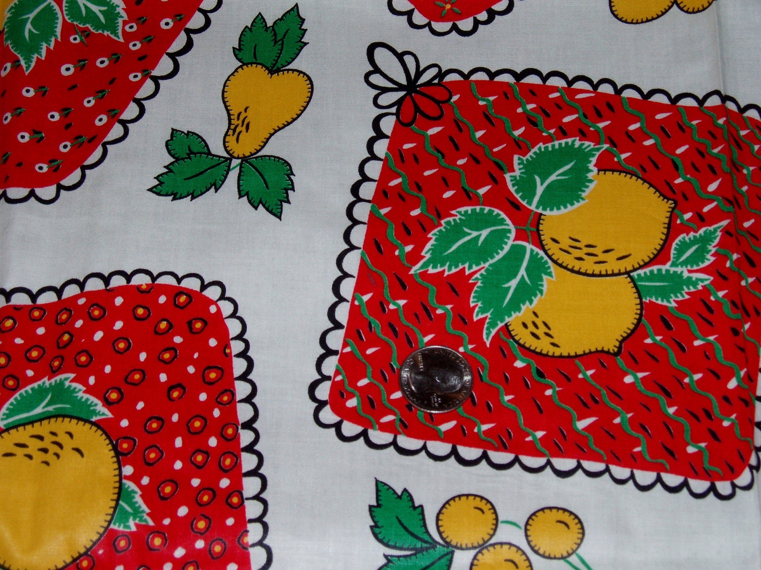 Pretty Vintage Cotton Fabric 35" Wide x 2 yards, Fruit Design, Lemons, Pears, Bright yellow and red