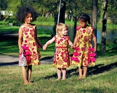 Girls yellow summer dress pink, red Flower floral Retro style cotton mustard color, sizes - 2 T toddler, baby