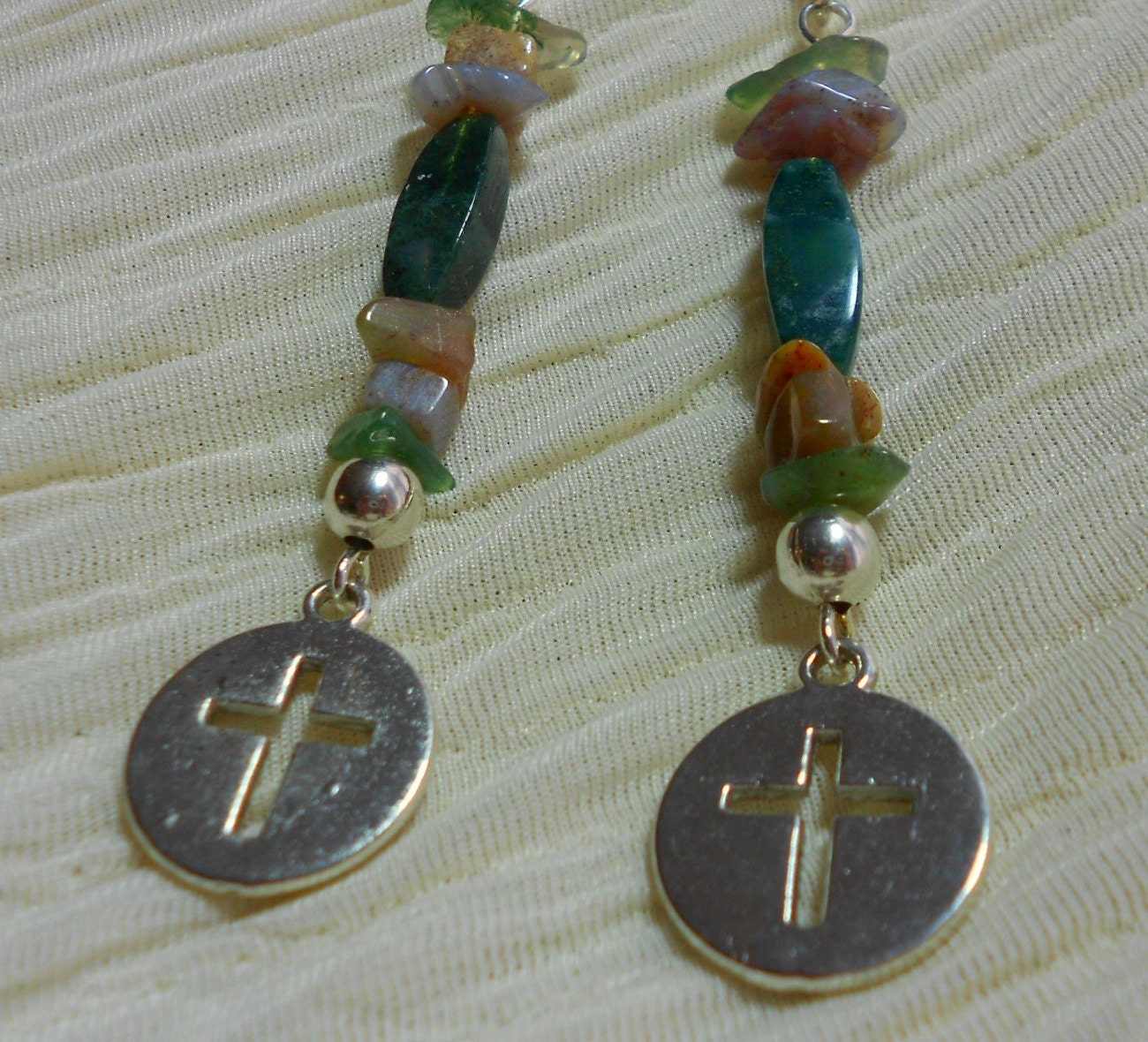 Fancy Jasper Cross Dangle Earrings Green