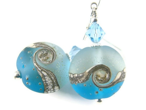 Teal Aqua Lampwork Earrings, Glass Bead Earrings, Dangle Earrings, Blue Lampwork Jewelry, Ocean Wave Beaded Earrings