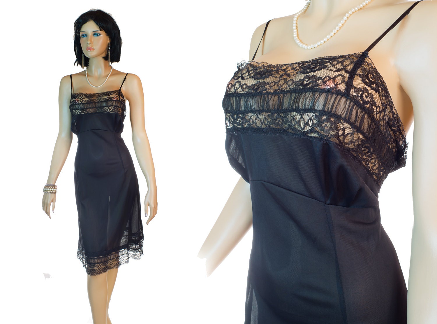 44 in Black XXL plus size classic 1960s vintage pleated hem full slip (PL119)