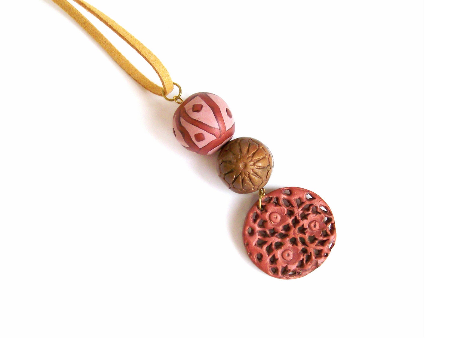 Long tribal pendant necklace - Filigree bronze and browns polymer clay pendant necklace urban tribal inspired fall colors - BeadsTeam