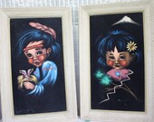 Vintage Velvet Paintings Native American Indian Boy & Girl Set