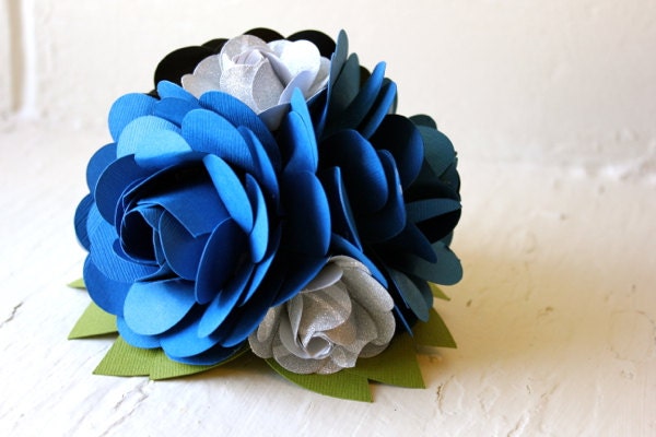 Paper Flower Cake Topper, Wedding, Blue, Ivory, Black, Paper Rose