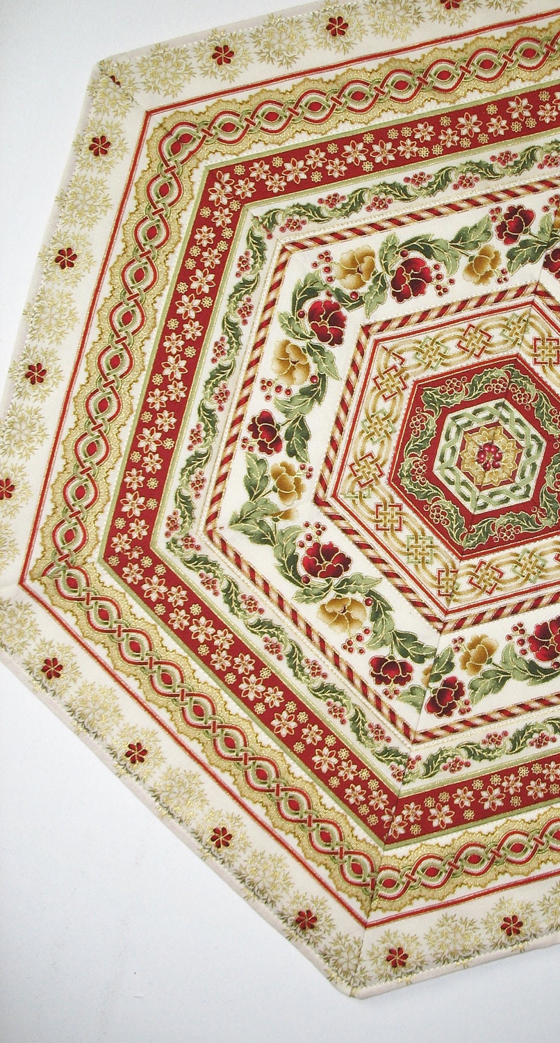 Christmas Table Topper Quilted Hexagon made from Kaufman Flourish Fabric Line