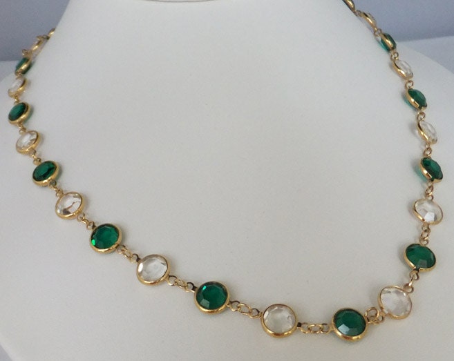 Vintage jewelry necklace in green and clear Swarovski crystal necklace by Monet 35 inches long necklace