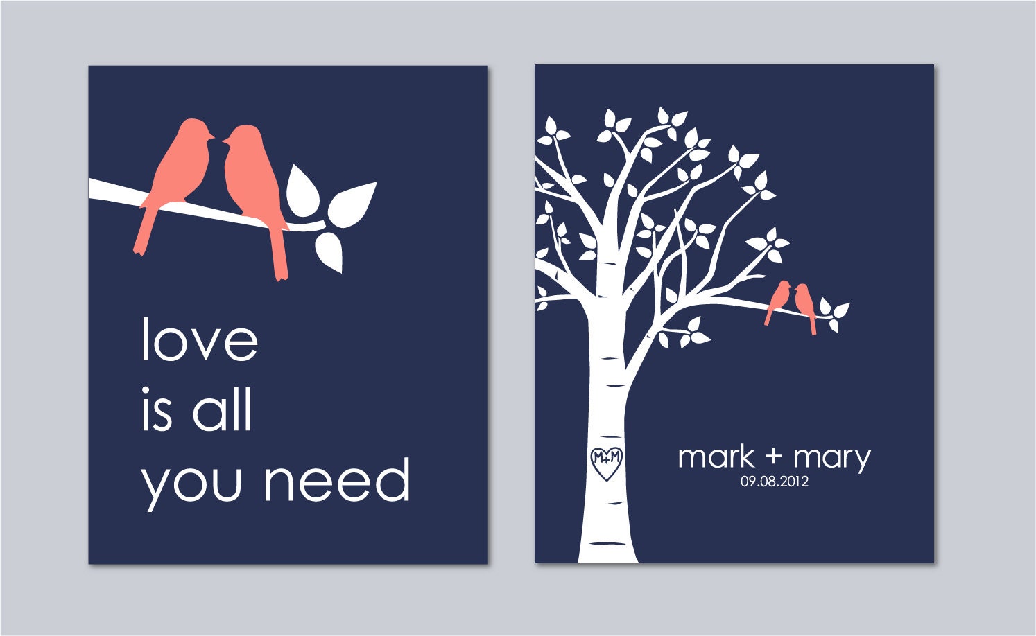 Personalized Custom Love Bird Wedding Family Tree - Birds on Branch - Love is All You Need - Set of 2 prints- 8x10s
