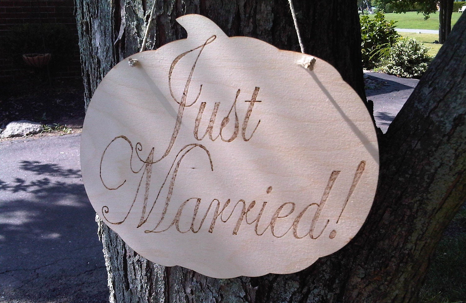 Rustic Fall Wedding signs 2 Sided Just Married & Here Comes the Bride PUMPKIN shaped wood burned sign