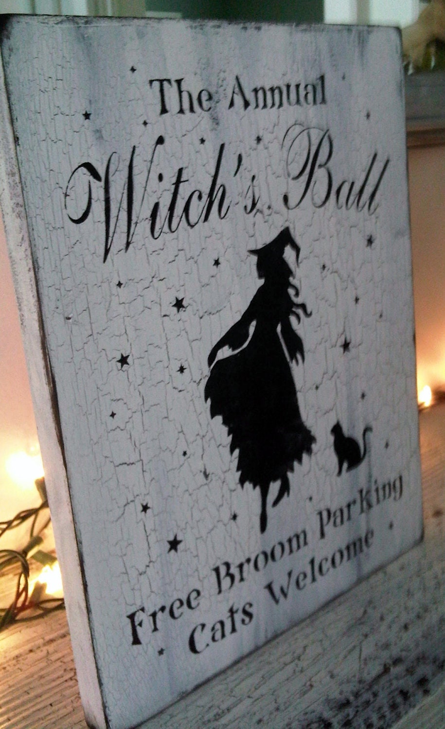 Witch Sign, Halloween decor,   "ANNUAL WITCH'S BALL Free Broom Parking Cats Welcome " - vintage style black and white crackle distressed
