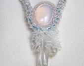 Beadwork Opalite Misty Winter's Dawn, Natural Crystal Quartz Double Point, Assymetrical Necklace OOAK