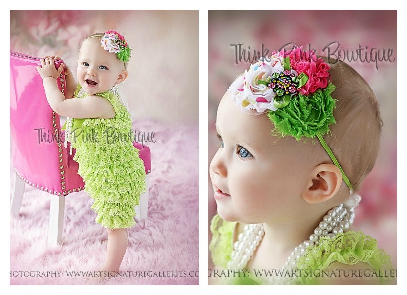 Lime petti lace romper and headband SET, petti romper,baby headband, flower headband,vintage inspired headband and lace petti romper