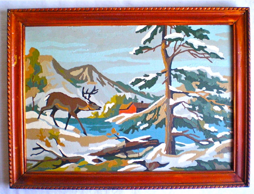 Paint by Number, Vintage, Painting, Framed, Deer, Mountains. Cabin, Snow, 12" x 16"