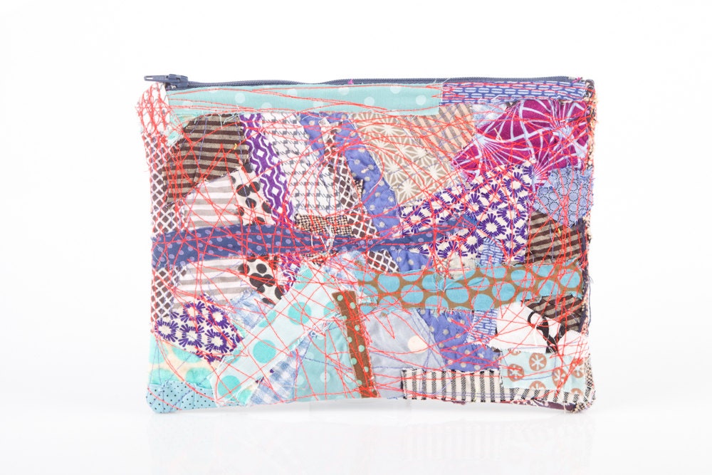 upcycled  Crazy Patchwork zipper pouch - Recycled  Pencil Case- Colorful scraps from the studio With Navy blue zipper - TIMO Handmade
