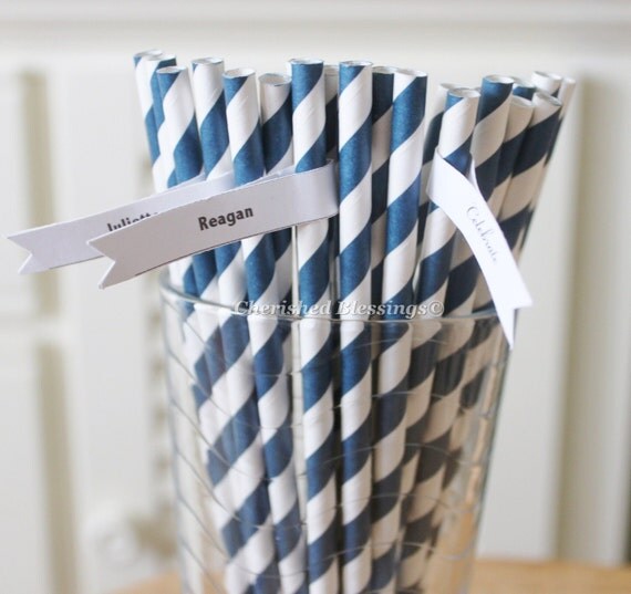 25 Navy Blue Paper Straws Striped Retro Vintage Style Carnival Circus Wedding Birthday Bridal Baby Shower W/ Printable Flags I Created Il_570xn